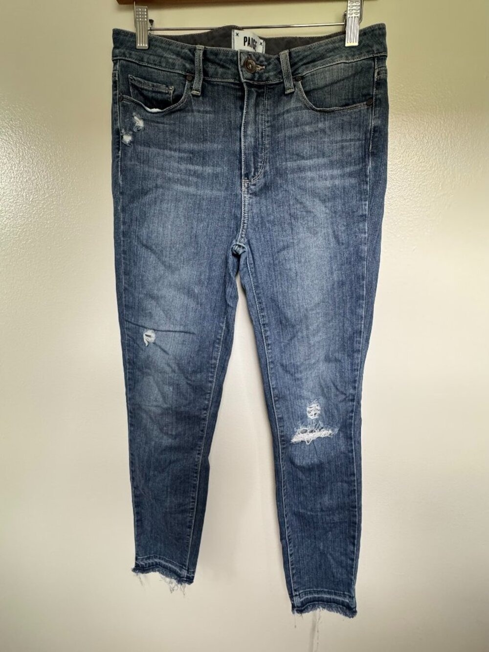 PAIGE Size 28 Distressed Skinny Ankle Jeans Women’s Blue Denim Raw Hem Stretch